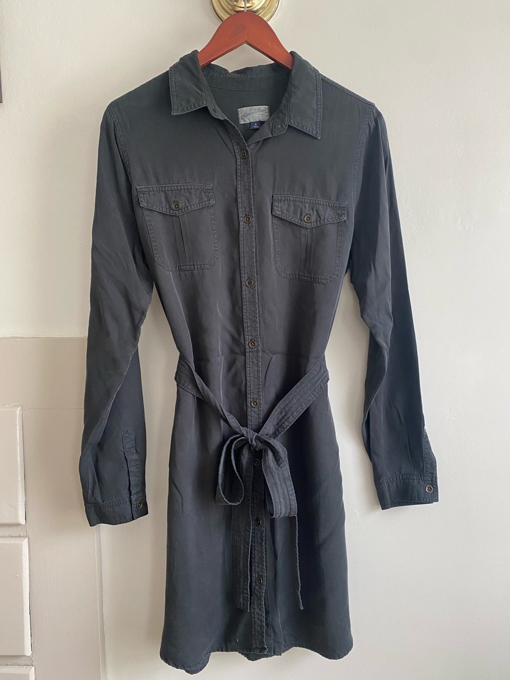 Button-Front Shirt Dress in Dark Green-Grey